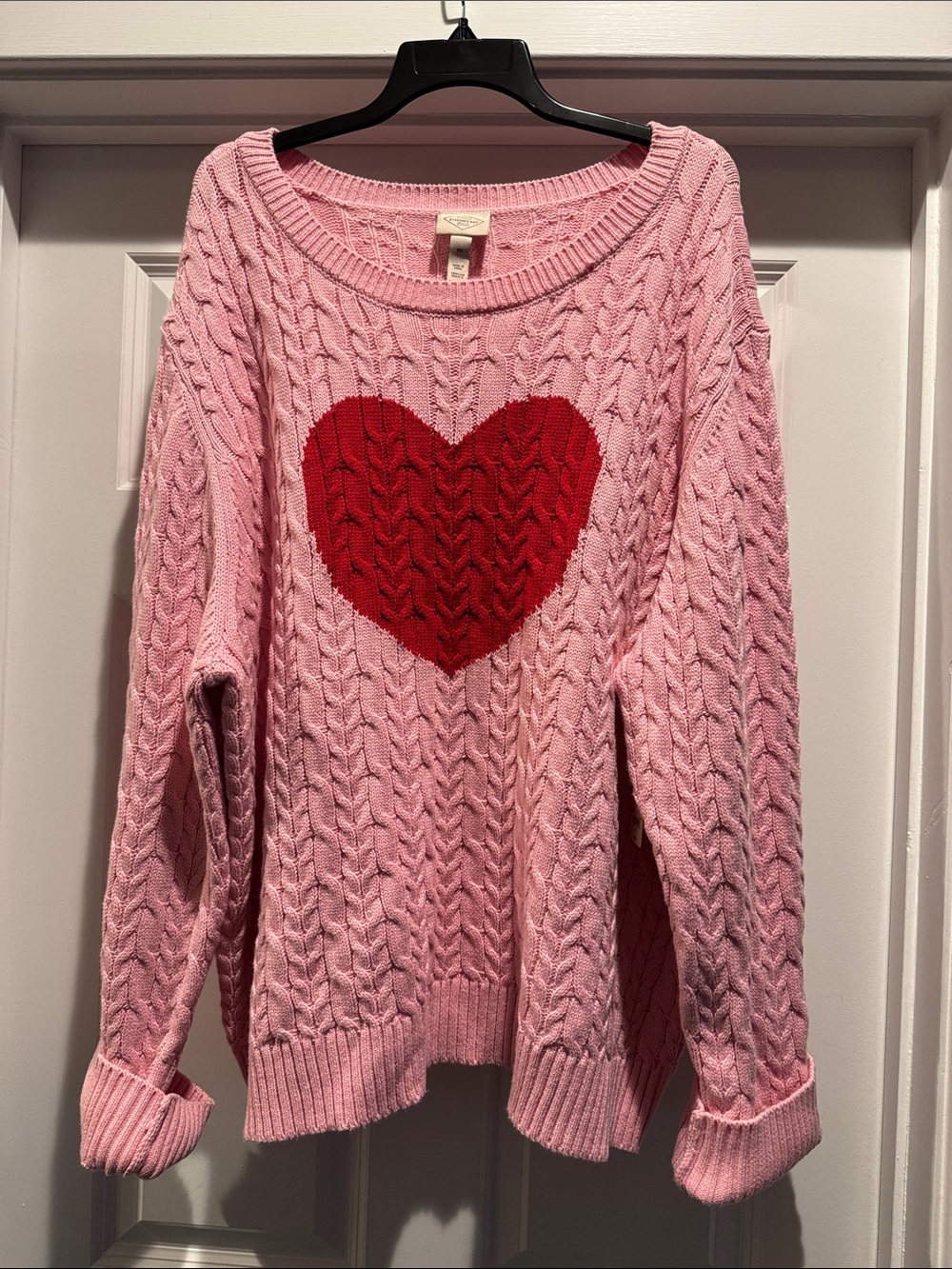 St. John's Bay Pink Cable-Knit Sweater with Red Heart